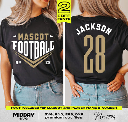Black t-shirt with custom SVG design featuring "Mascot Football" on front and "Jackson 28" on back, showcasing sporty font style.