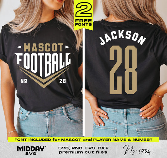 Black t-shirt with custom SVG design featuring "Mascot Football" on front and "Jackson 28" on back, showcasing sporty font style.