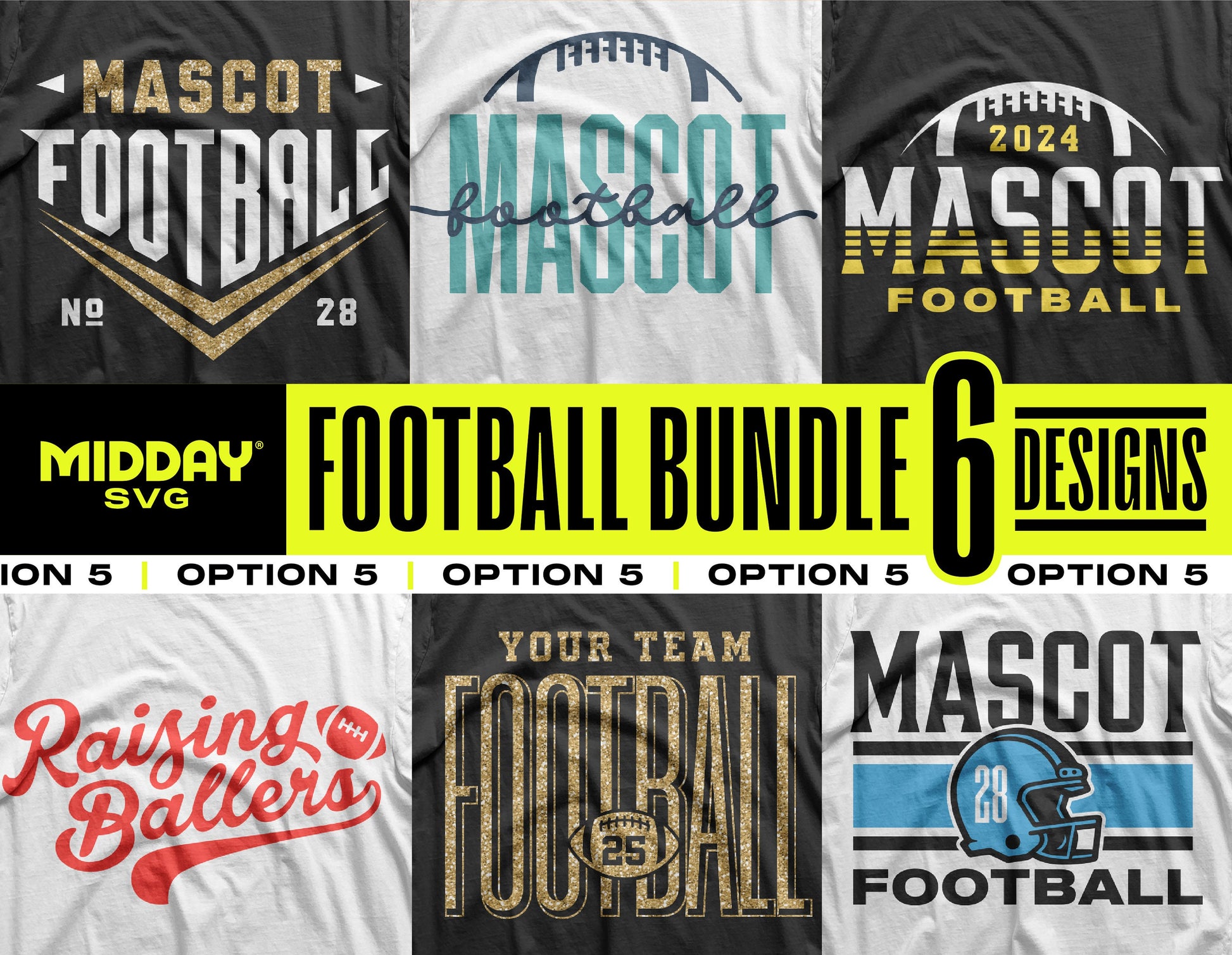 Football SVG PNG Bundle V5 with 6 team designs for personalized shirts and décor.