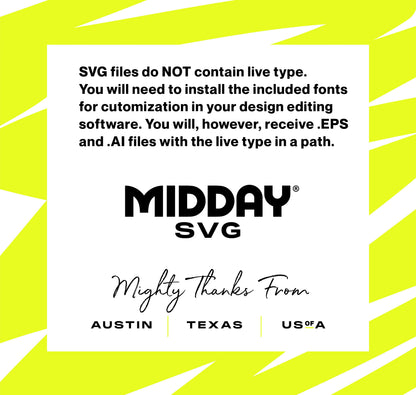 Midday SVG notice about file types and font installation requirements.