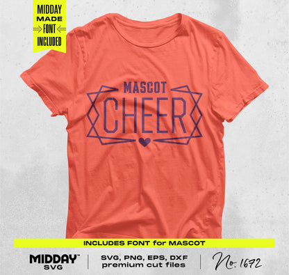 Red t-shirt with customizable cheer team logo design, featuring blue geometric lines and 'MASCOT CHEER' text, ideal for crafting projects.