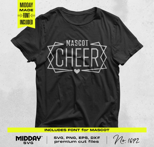 Black t-shirt with customizable cheer team logo and lines, featuring "Mascot Cheer" design, perfect for crafting projects.