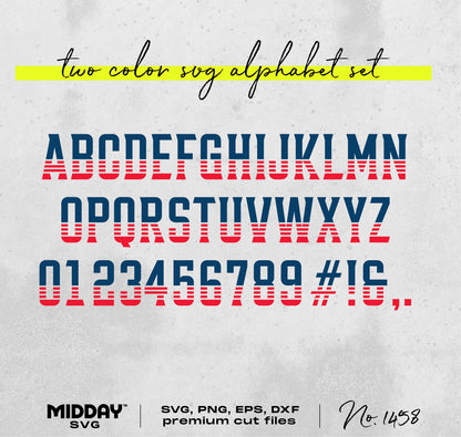 Two-color SVG alphabet set with uppercase letters, numbers, and symbols in a bold, striped design. Includes file formats SVG, PNG, EPS, DXF.