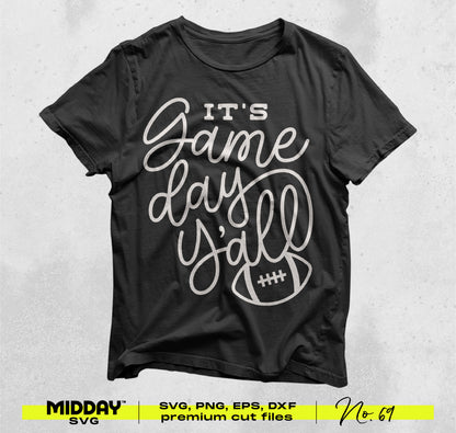 Black t-shirt with 'It's Game Day Y'all' football design from Football SVG PNG Bundle V7, perfect for team shirts and crafts.