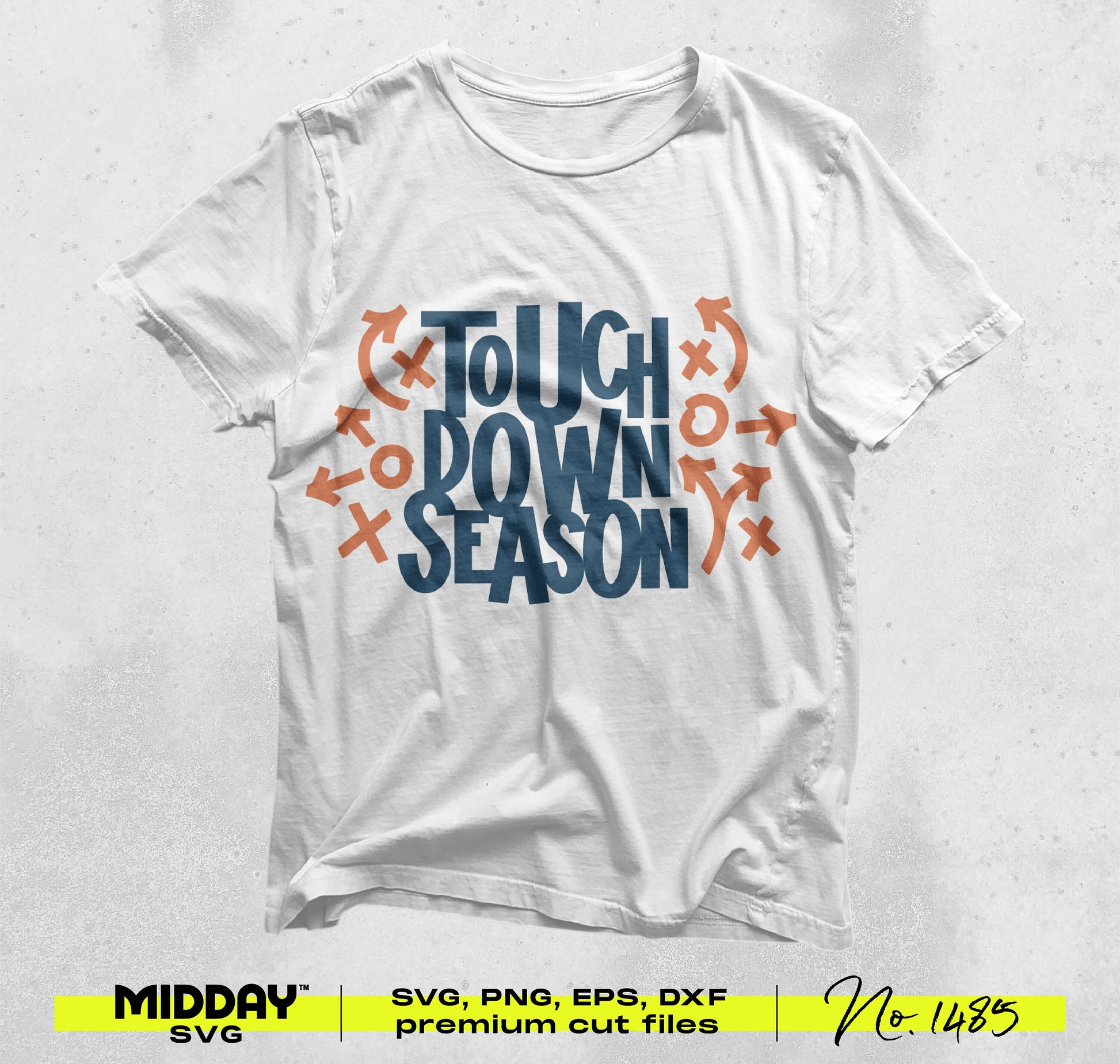 White shirt with 'Touch Down Season' football SVG design and orange football play symbols.
