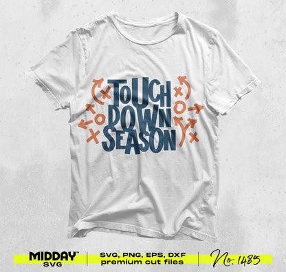 White shirt with 'Touch Down Season' football SVG design and orange football play symbols.