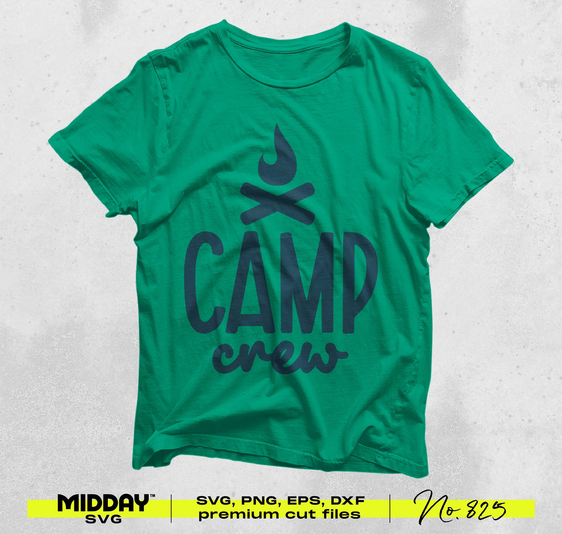 Green t-shirt with camp crew design, featuring high-quality SVG and PNG cut files for crafting. Outdoor adventure theme.