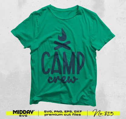 Green t-shirt with camp crew design, featuring high-quality SVG and PNG cut files for crafting. Outdoor adventure theme.