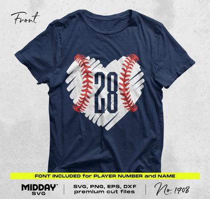Baseball scribble heart shirt with player number 28, includes name font, SVG, PNG, EPS, DXF formats for crafting projects.
