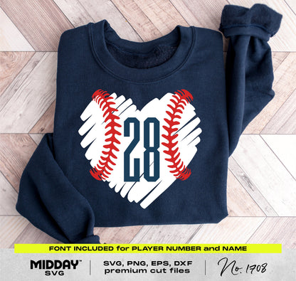 Baseball scribble heart SVG on sweatshirt with player number 28, featuring fonts for customization, ideal for crafting and apparel.