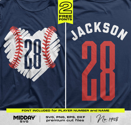 Baseball SVG PNG with scribble heart design, player number 28, fonts included for personalization, ideal for custom apparel.
