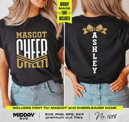 Cheerleader shirt design with customizable name and mascot on black tee, featuring included font in SVG, PNG, EPS, DXF formats.