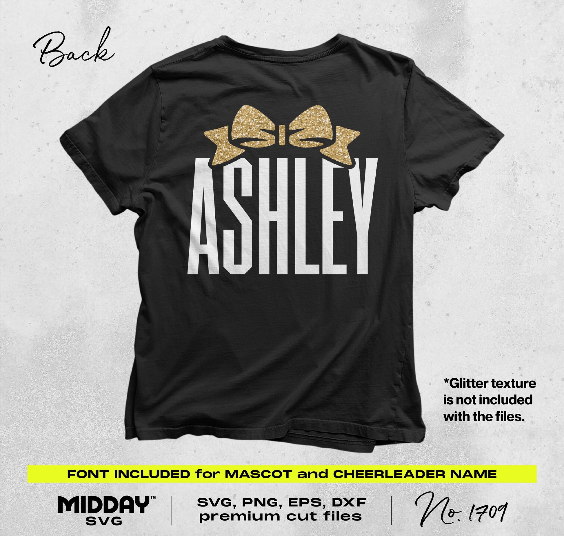 Custom cheerleading shirt with glittery bow design and "Ashley" text, showcasing personalized SVG and PNG template features on a black tee.