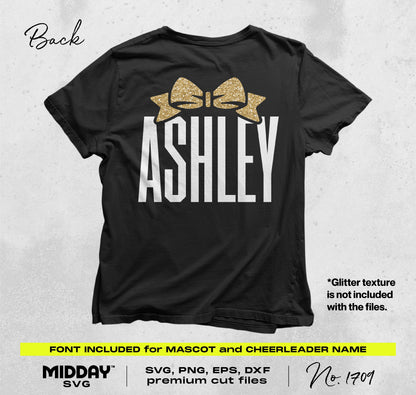 Custom cheerleading shirt with glittery bow design and "Ashley" text, showcasing personalized SVG and PNG template features on a black tee.