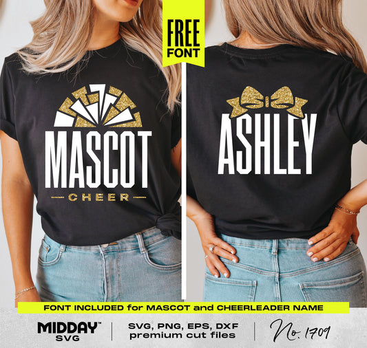 Custom cheer T-shirt with mascot and name design using SVG PNG template, featuring pom-pom and bow details, perfect for DIY projects.