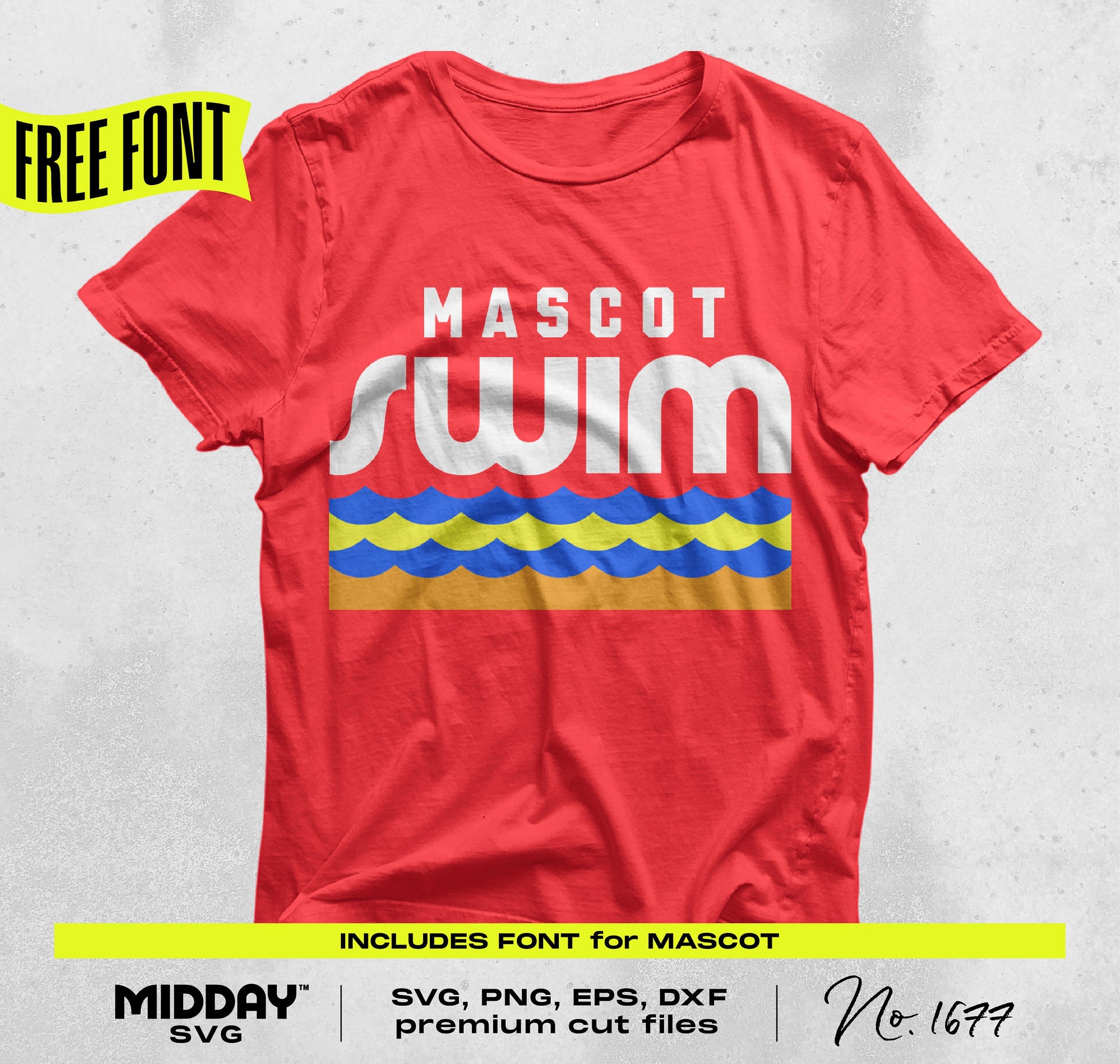 Red t-shirt with 'Mascot Swim' design and wave graphic, includes free font for swim team SVG, PNG, and DXF files.