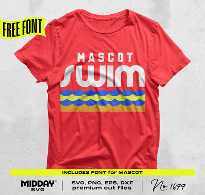 Red t-shirt with 'Mascot Swim' design and wave graphic, includes free font for swim team SVG, PNG, and DXF files.