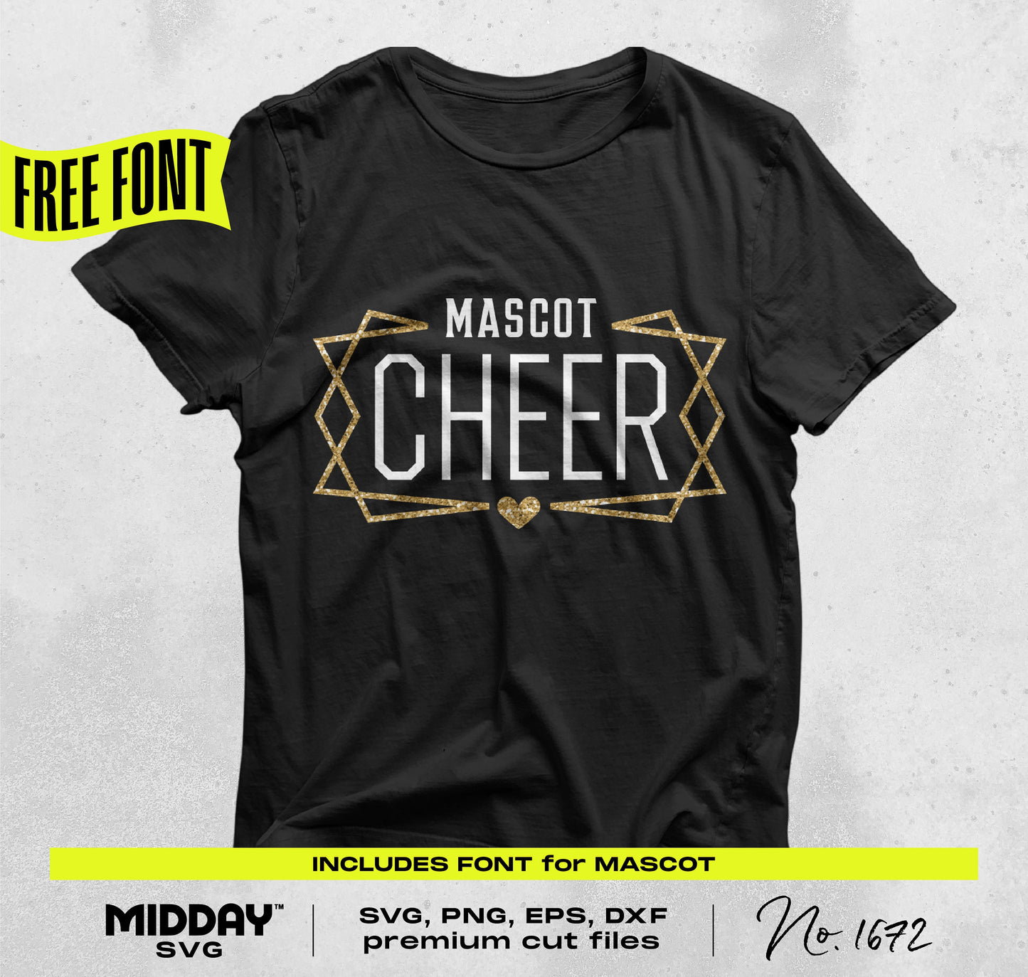 Black t-shirt featuring 'Mascot Cheer' design with geometric accents, available as SVG, PNG, EPS, DXF files for Cricut and Silhouette projects.