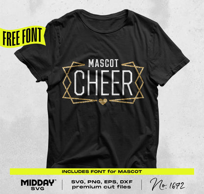 Black t-shirt featuring 'Mascot Cheer' design with geometric accents, available as SVG, PNG, EPS, DXF files for Cricut and Silhouette projects.