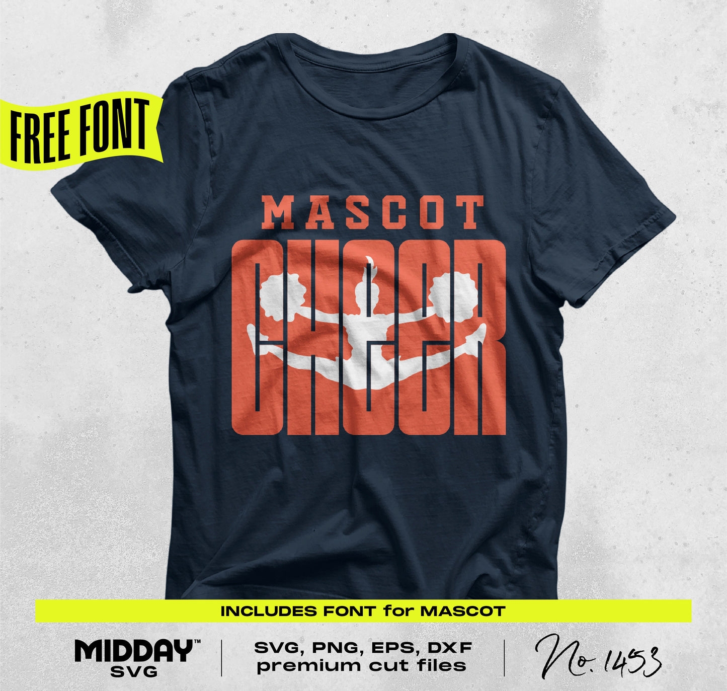 Cheerleading shirt design with 'Mascot Cheer' text, featuring silhouette of cheerleader, includes free font, SVG and premium cut files.