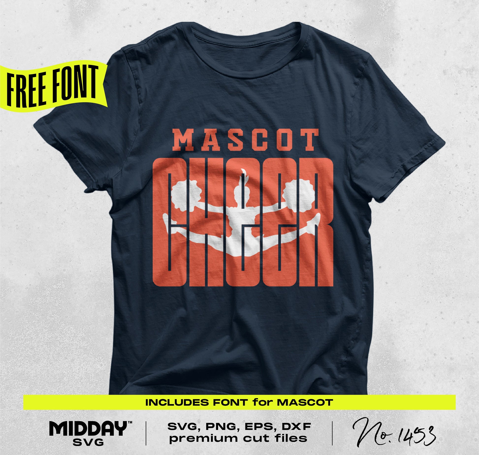 Cheerleading shirt design with 'Mascot Cheer' text, featuring silhouette of cheerleader, includes free font, SVG and premium cut files.