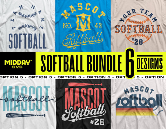 Softball Bundle v5 with 6 Sporty SVG PNG Designs, perfect for DIY projects like t-shirts and mugs for softball enthusiasts.