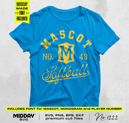 Blue t-shirt with custom mascot and softball monogram design, featuring SVG and PNG files for DIY projects.