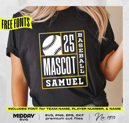DIY custom baseball shirt with SVG PNG design, featuring free fonts for mascot, player name, and number. Perfect for sports fans.