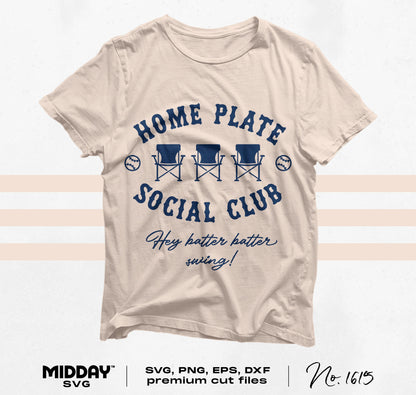 Home Plate Social Club baseball T-shirt with chairs and "Hey batter batter swing!" slogan, cut files available.