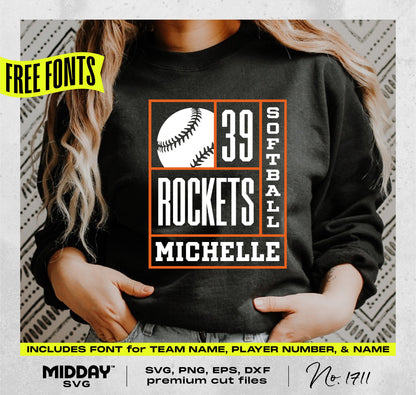 Softball SVG PNG template with customizable mascot, name, and number. Includes .otf font for easy personalization. Free fonts included.