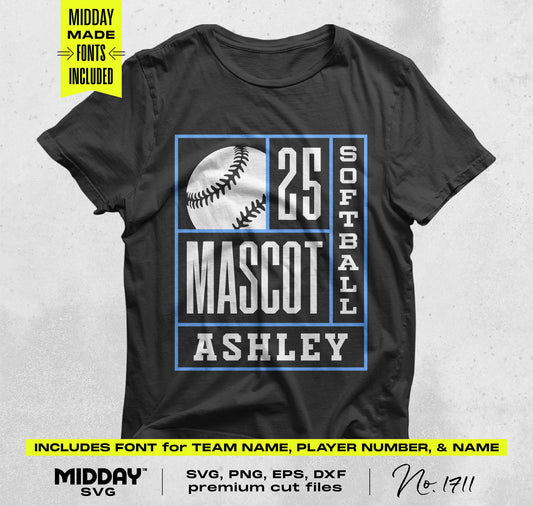 Black t-shirt with customizable DIY softball SVG PNG template featuring number, mascot, and name, with included .otf font.
