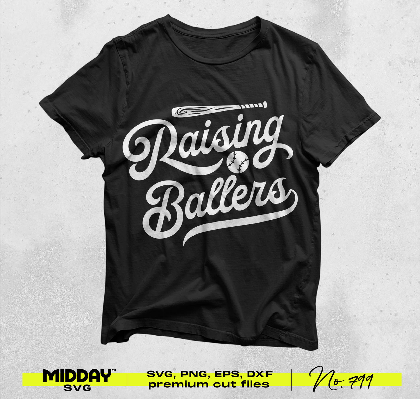 Black t-shirt with "Raising Ballers" baseball design, available in SVG, PNG, EPS, DXF formats for customizable DIY projects.