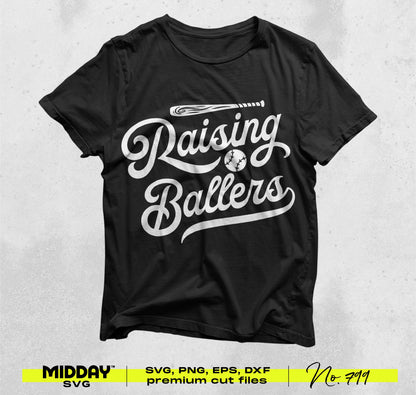 Black t-shirt with "Raising Ballers" baseball design, available in SVG, PNG, EPS, DXF formats for customizable DIY projects.