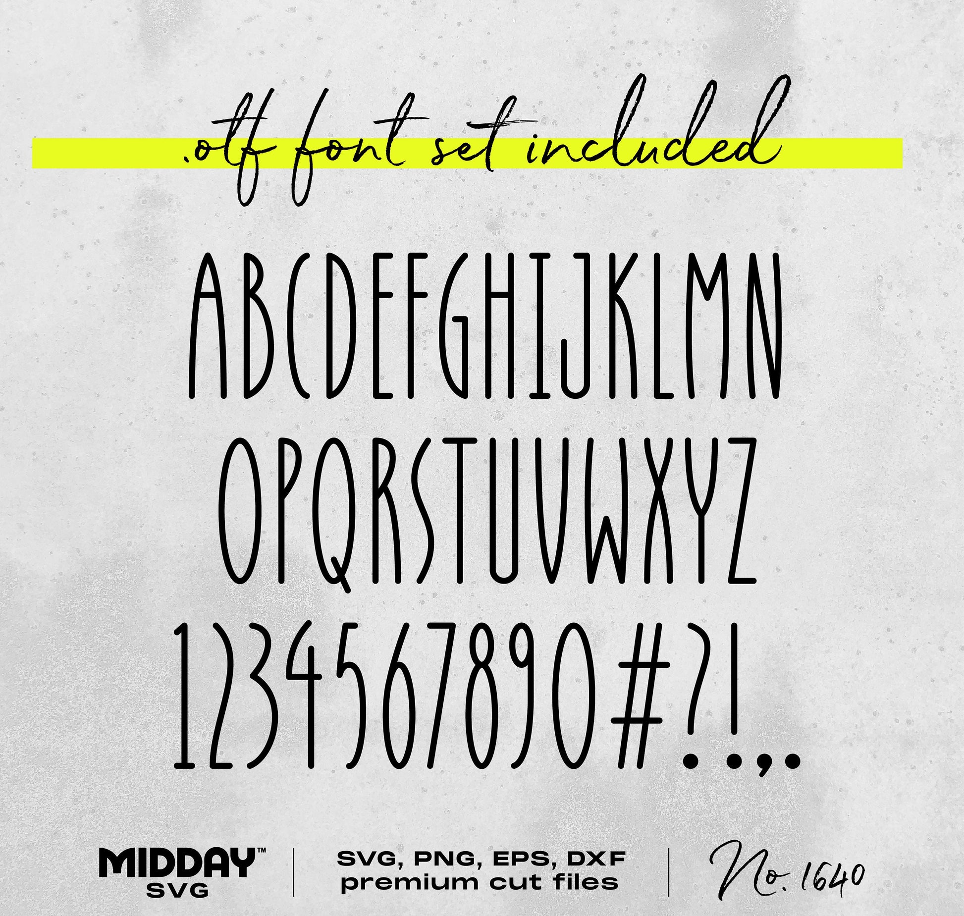Font set image showcasing alphabet, numbers, and symbols in a stylish design, includes .OTF font for digital use.