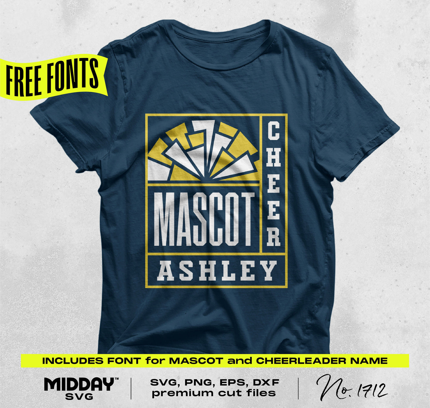 Cheer Team Template SVG PNG on navy t-shirt with mascot and Ashley text, includes free fonts for crafts.