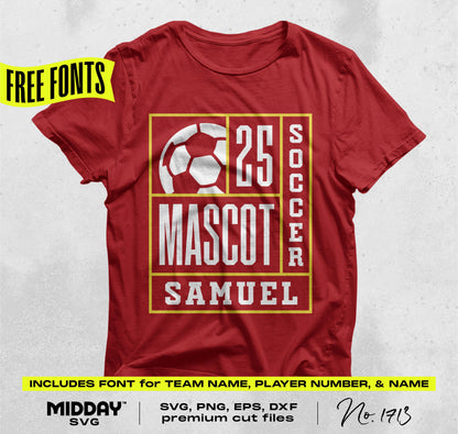 Red t-shirt featuring DIY Soccer Team SVG design with customizable player name, number, and mascot in white and gold.