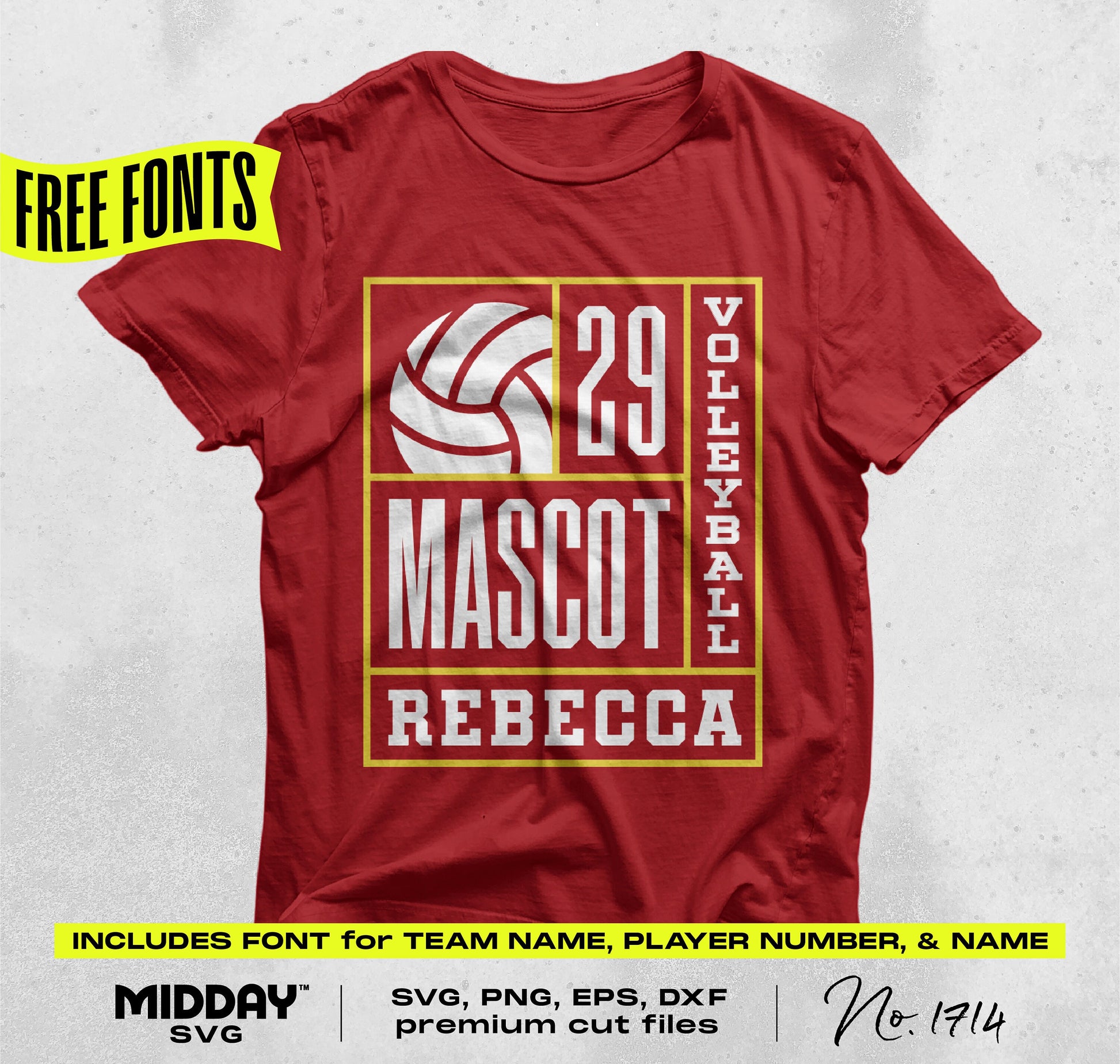 Red volleyball shirt with customizable design, including team mascot, player name, and number in SVG, PNG format.
