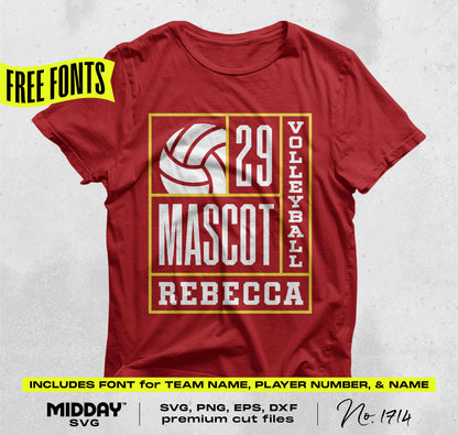 Red volleyball shirt with customizable design, including team mascot, player name, and number in SVG, PNG format.