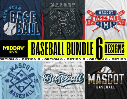 Baseball Bundle v8 featuring 6 unique baseball-themed SVG PNG designs for crafting, apparel, and party decor by Midday SVG.