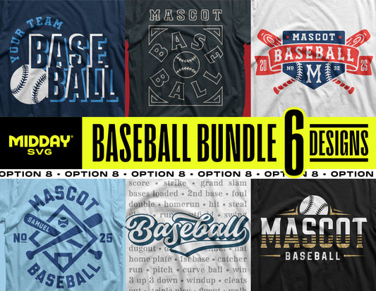Baseball Bundle v8 featuring 6 unique baseball-themed SVG PNG designs for crafting, apparel, and party decor by Midday SVG.
