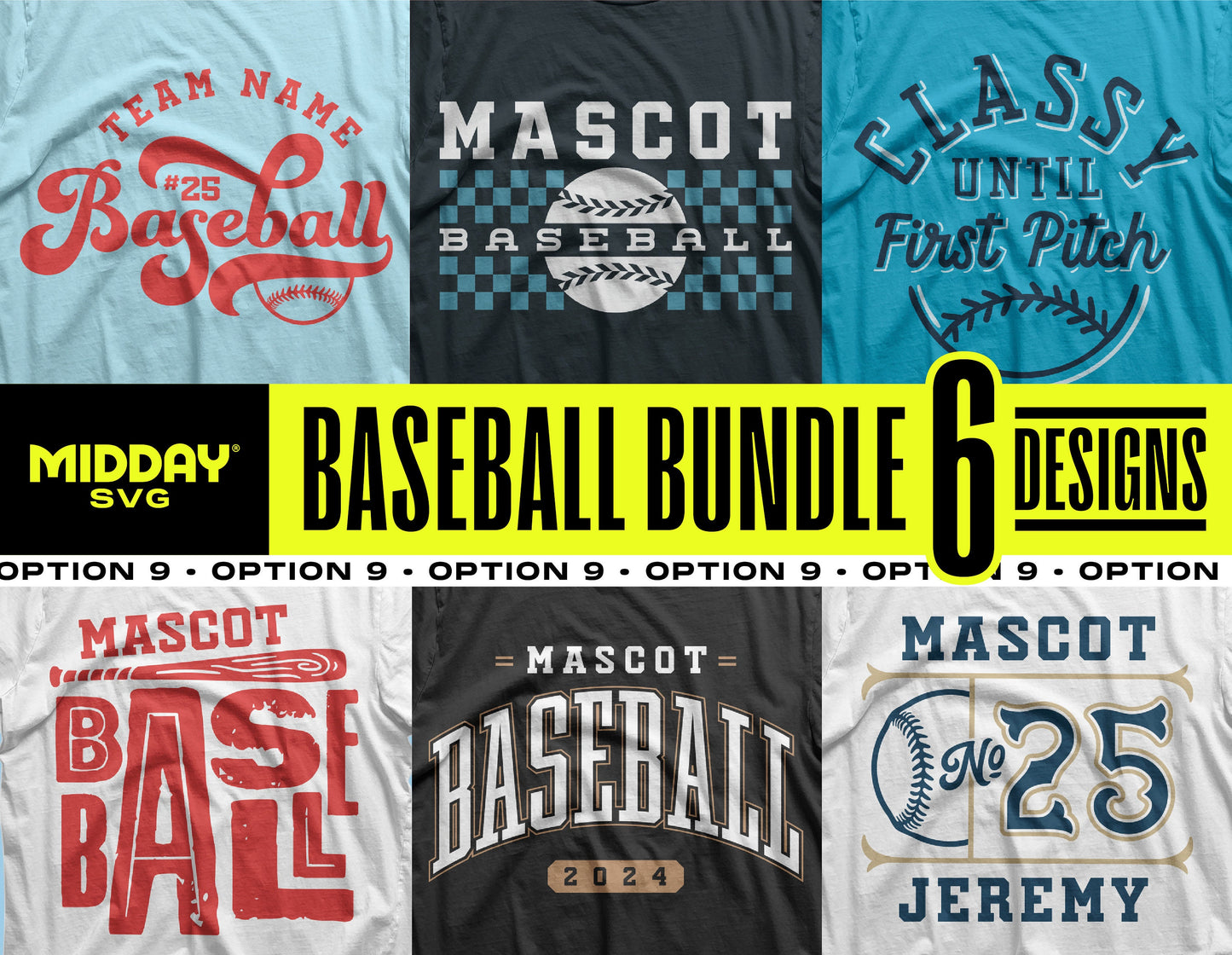 Baseball Bundle V9 showcasing six unique designs, perfect for crafting, gifts, and sports-themed apparel with SVG and PNG formats.
