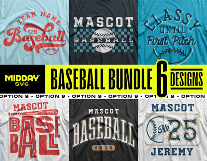 Baseball Bundle V9 showcasing six unique designs, perfect for crafting, gifts, and sports-themed apparel with SVG and PNG formats.
