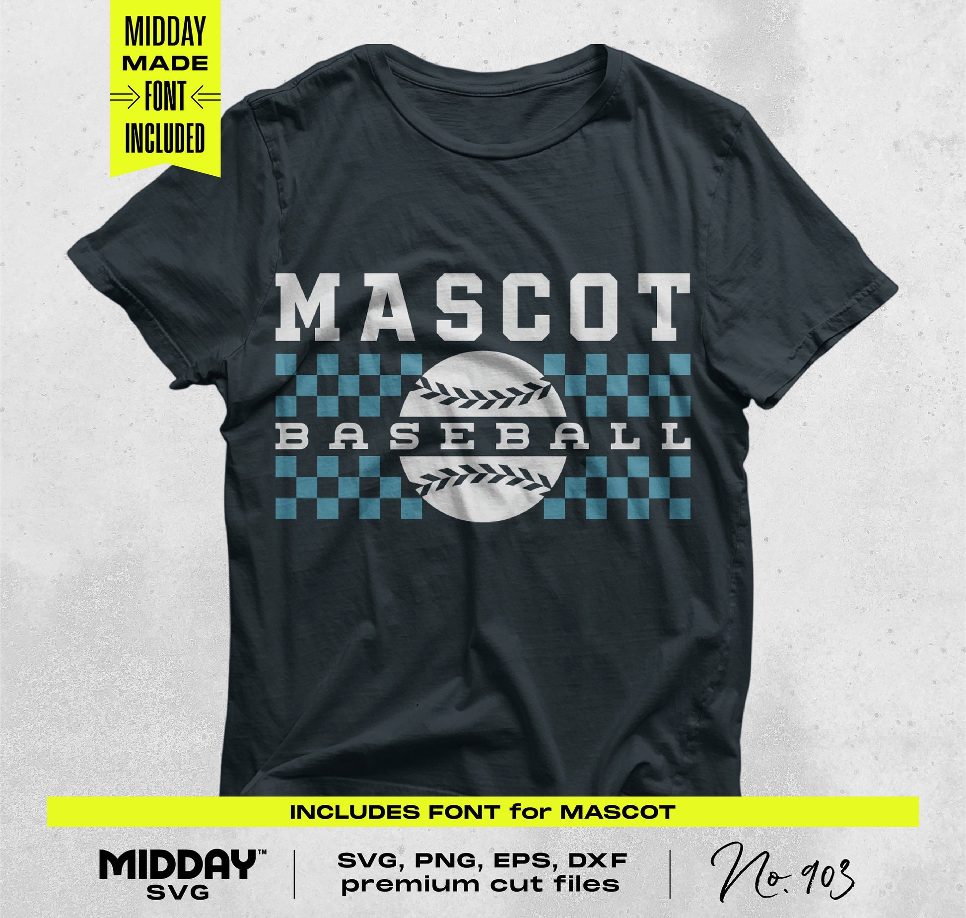 Black t-shirt featuring Mascot Baseball design with SVG, PNG, EPS, DXF cut files included. Perfect for crafting and apparel.