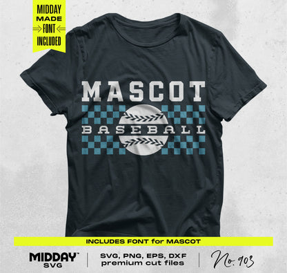 Black t-shirt featuring Mascot Baseball design with SVG, PNG, EPS, DXF cut files included. Perfect for crafting and apparel.