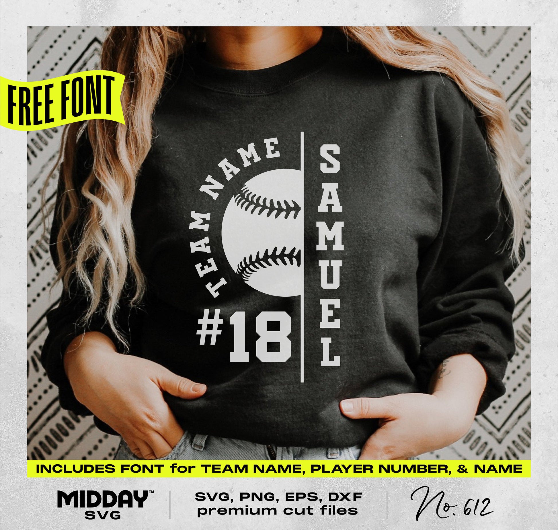 Customizable baseball team SVG with player number and name template on black sweatshirt, perfect for Cricut and Silhouette cutting.