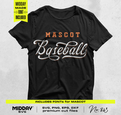 Black t-shirt featuring bold 'Mascot Baseball' design, part of the Bold Baseball Template SVG Bundle V10 for DIY crafts.