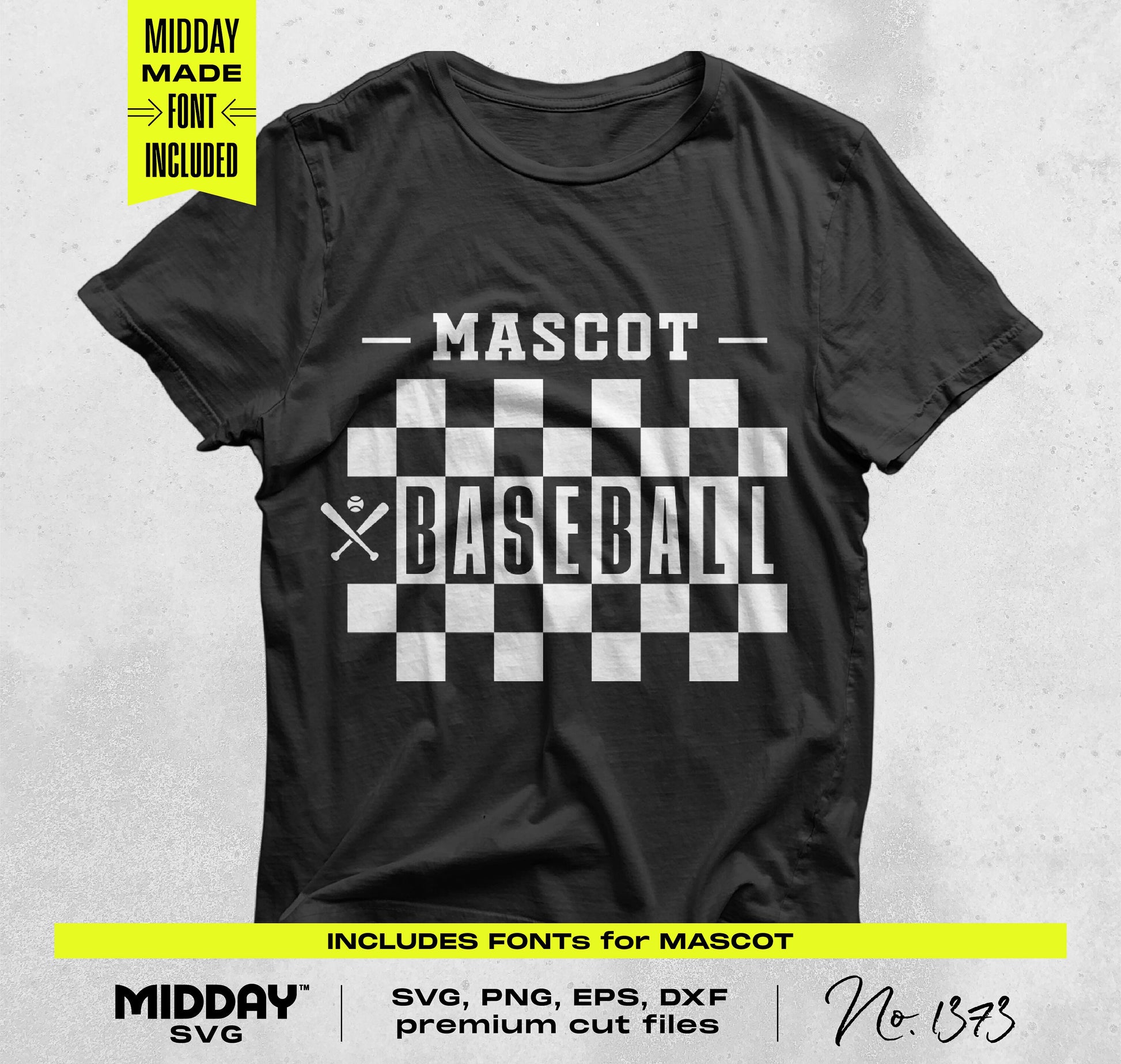 Black T-shirt featuring baseball Mascot design with checkered pattern and cross bats, includes fonts for customizable team gear.