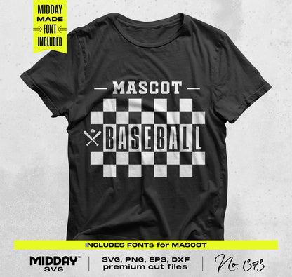 Black T-shirt featuring baseball Mascot design with checkered pattern and cross bats, includes fonts for customizable team gear.