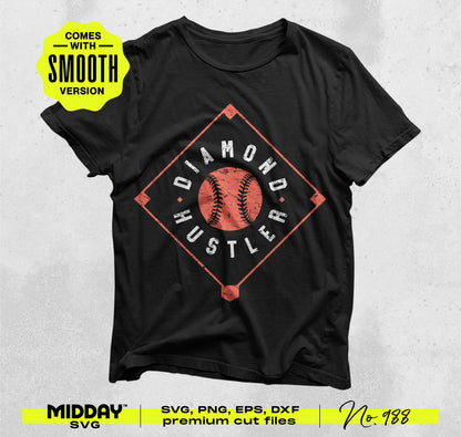 Black T-shirt with "Diamond Hustler" baseball logo in red and white, part of Baseball SVG PNG Bundle V11 for team and DIY projects.