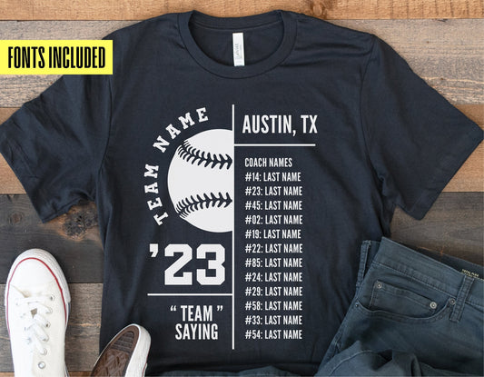 Black t-shirt with customizable baseball team design, including team name, player roster, Austin location, and fonts for Cricut and Silhouette.